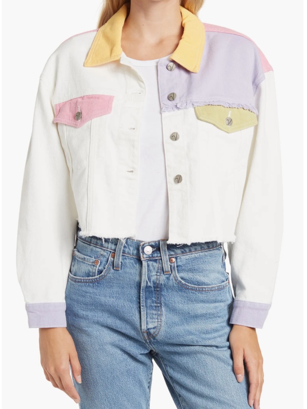 Vigoss Patchwork Crop Denim Jacket Frayed Size Small